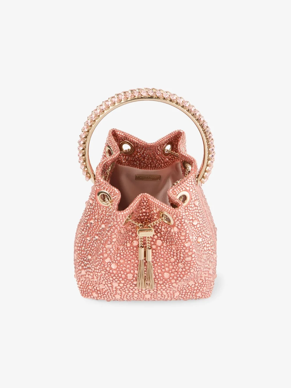 Jimmy Choo Bon Bon Grapefruit Satin Bucket Bag with Crystal Embellishment and Crystal Handle, another view