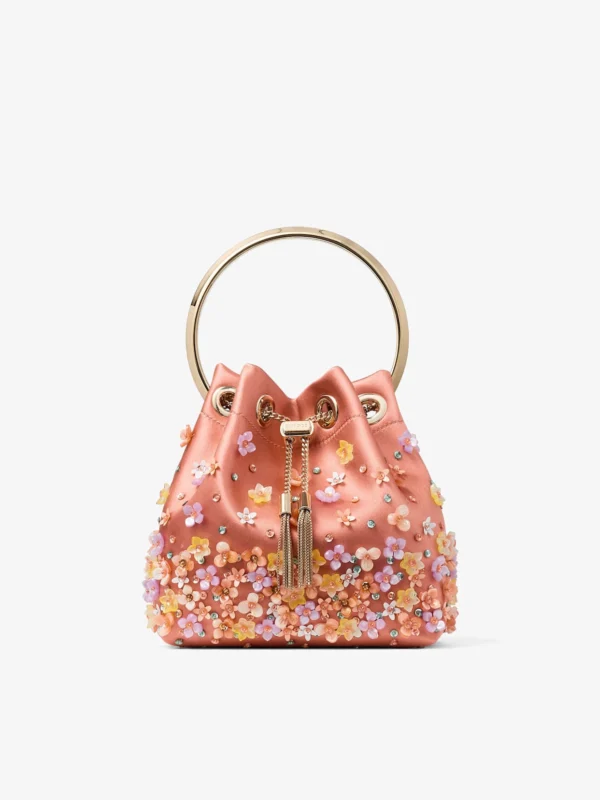 Jimmy Choo Bon Bon Grapefruit Satin Bucket Bag with Degradé Daisies