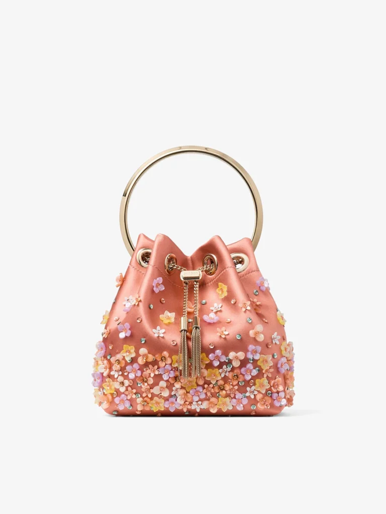 Jimmy Choo Bon Bon Grapefruit Satin Bucket Bag with Degradé Daisies