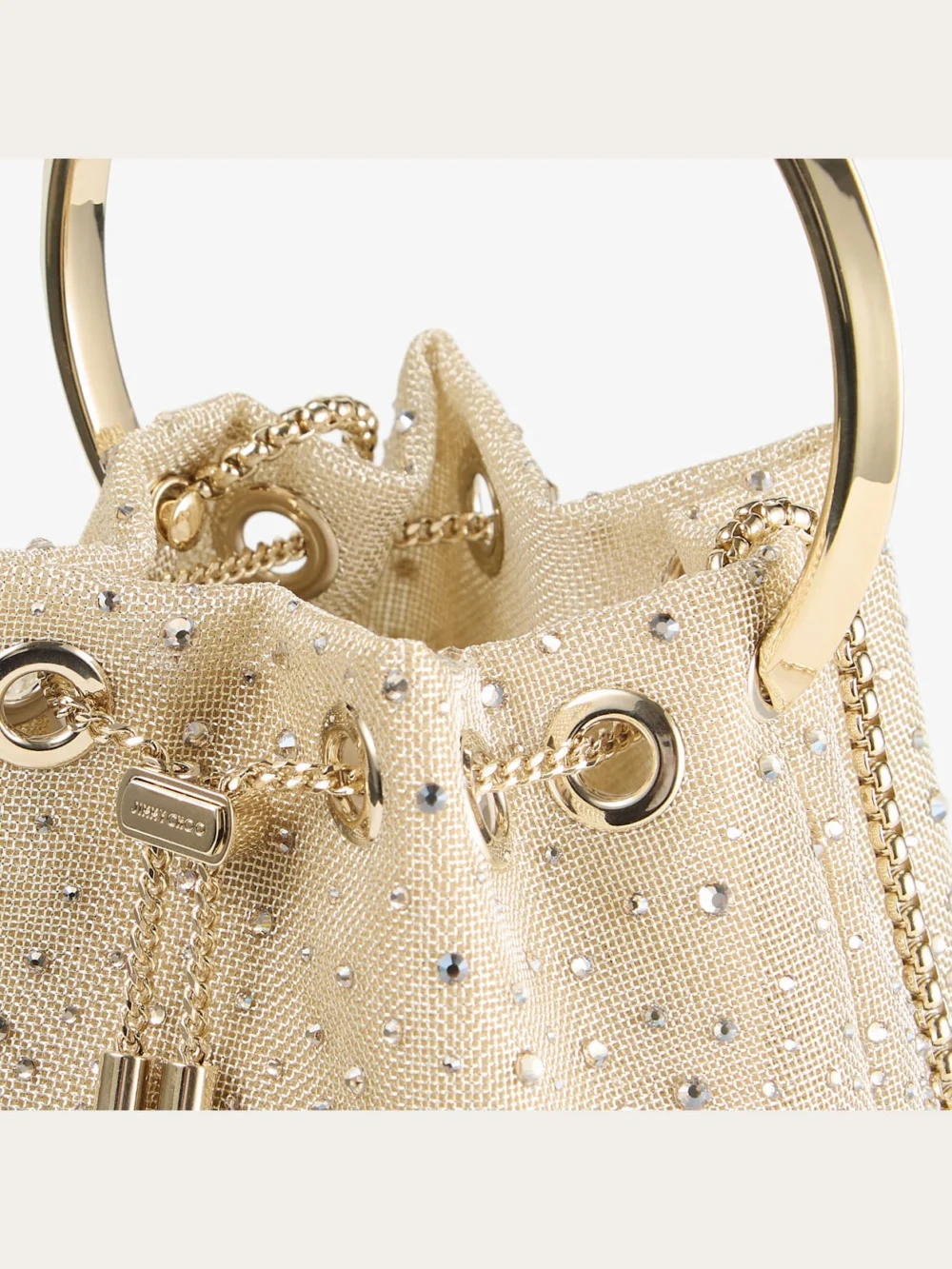 Back view of the Jimmy Choo Bon Bon Honey Metallic Mesh Handbag with Degrade Crystals