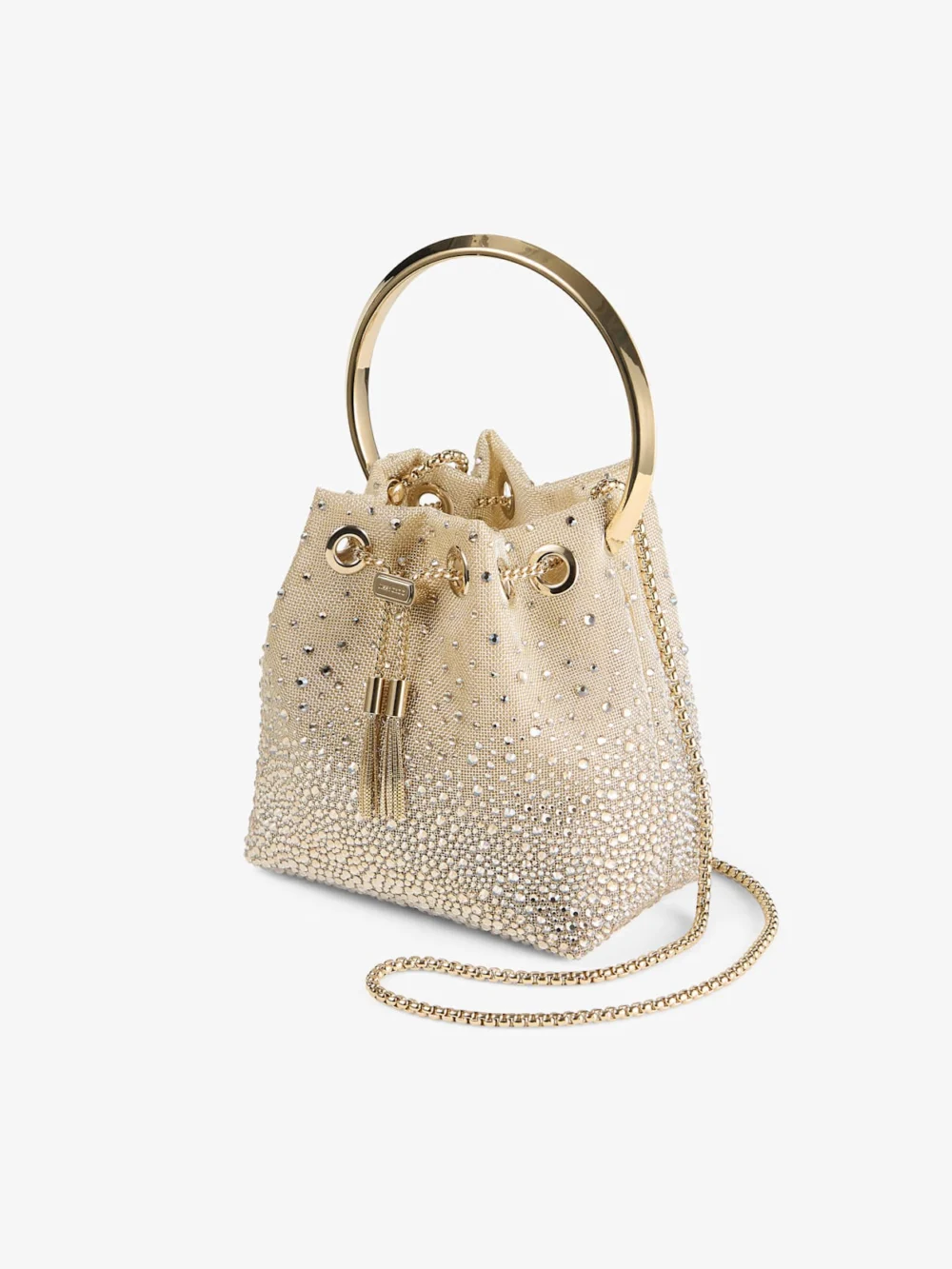 Close-up detail of the Jimmy Choo Bon Bon Honey Metallic Mesh Handbag with Degrade Crystals