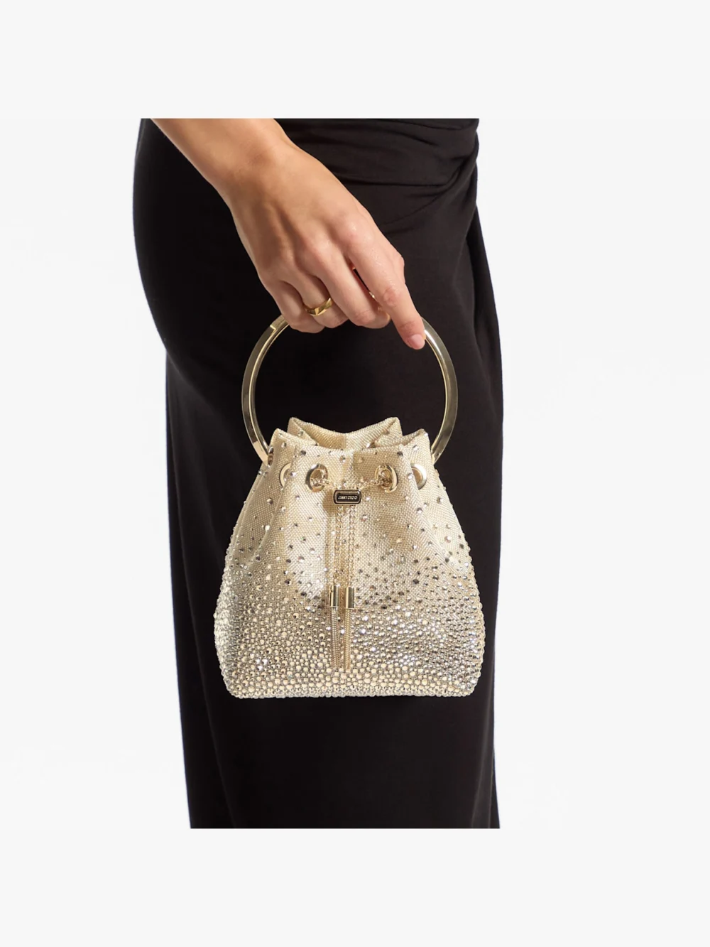 Side view of the Jimmy Choo Bon Bon Honey Metallic Mesh Handbag with Degrade Crystals