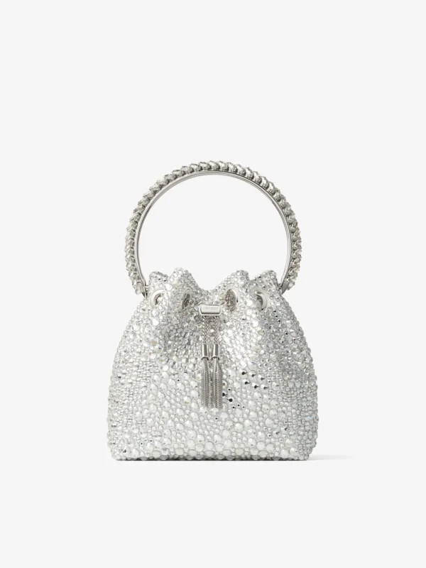 Jimmy Choo Bon Bon Ivory Satin Bucket Bag with Multi Crystal Hotfix