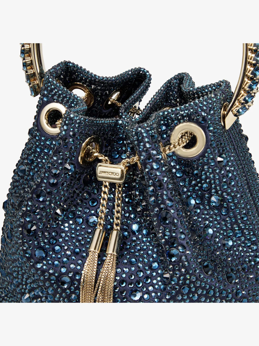 Back view of the Jimmy Choo Bon Bon Marine Satin and Crystal Hotfix Bucket Bag with Crystal Handle