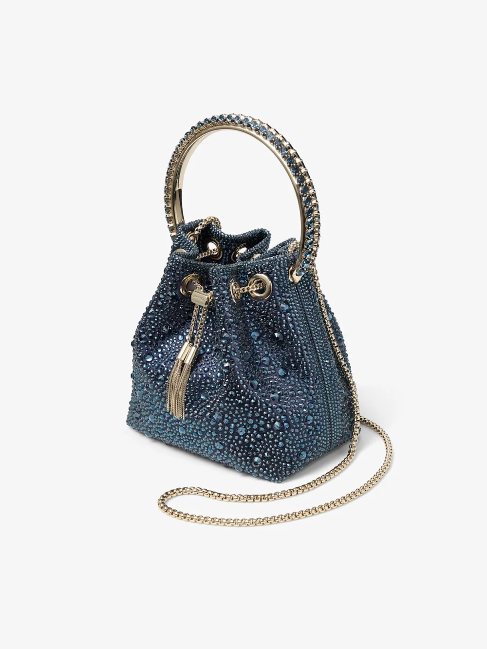 Close-up detail of the Jimmy Choo Bon Bon Marine Satin and Crystal Hotfix Bucket Bag with Crystal Handle