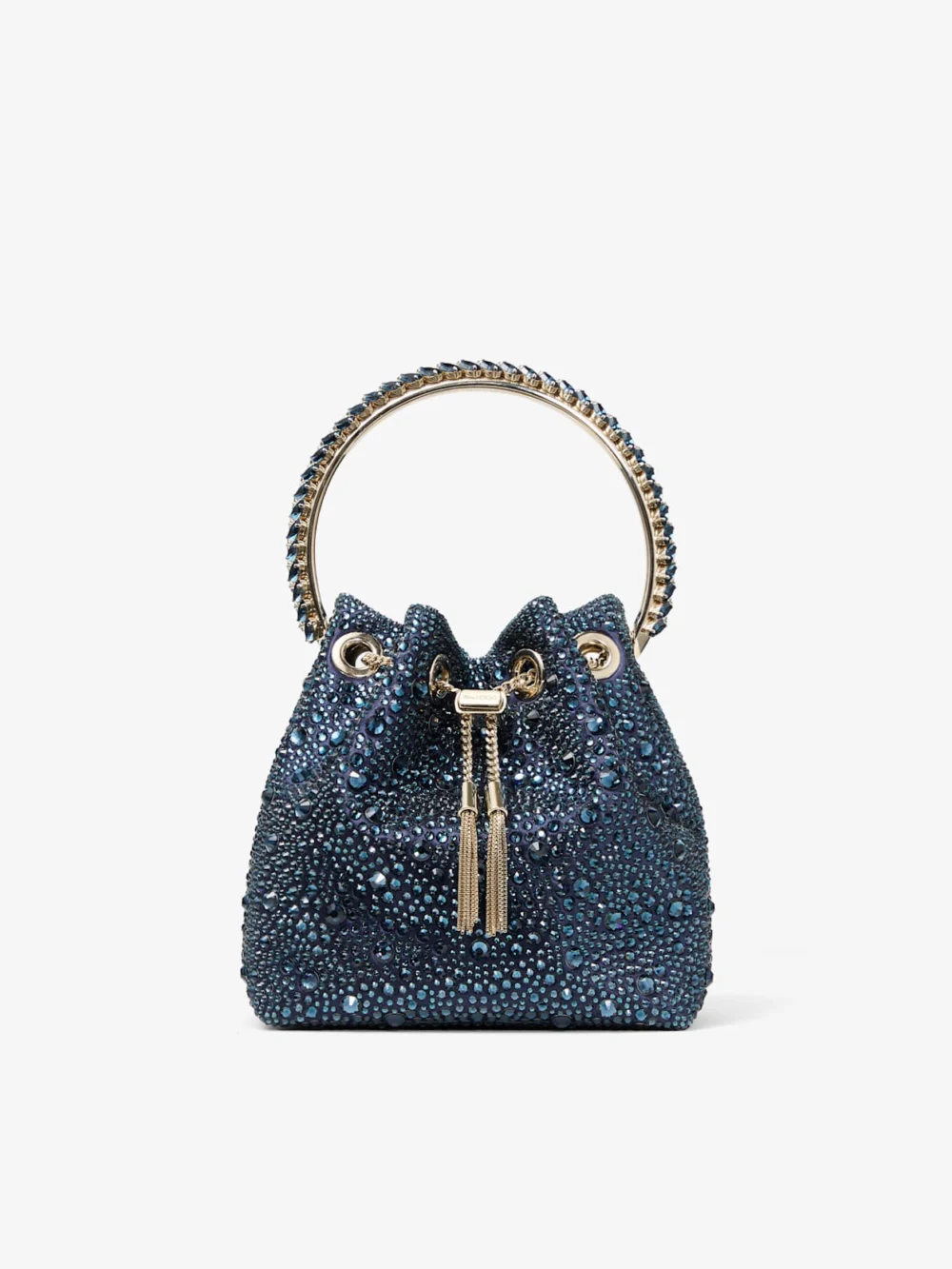Jimmy Choo Bon Bon Marine Satin and Crystal Hotfix Bucket Bag with Crystal Handle in marine