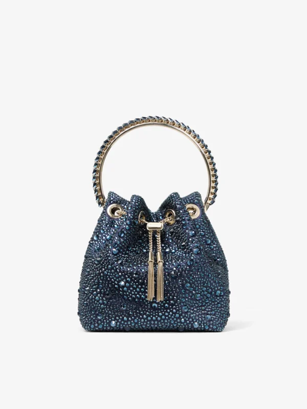 Jimmy Choo Bon Bon Marine Satin and Crystal Hotfix Bucket Bag with Crystal Handle