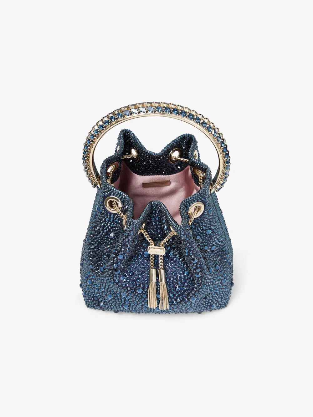 Jimmy Choo Bon Bon Marine Satin and Crystal Hotfix Bucket Bag with Crystal Handle, another view