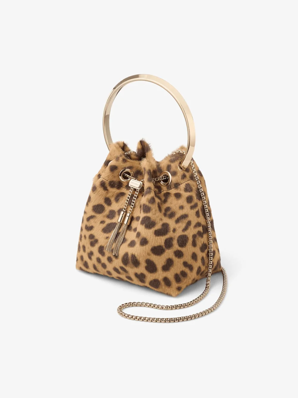 Close-up detail of the Jimmy Choo Bon Bon Natural Leopard Print Pony Bag