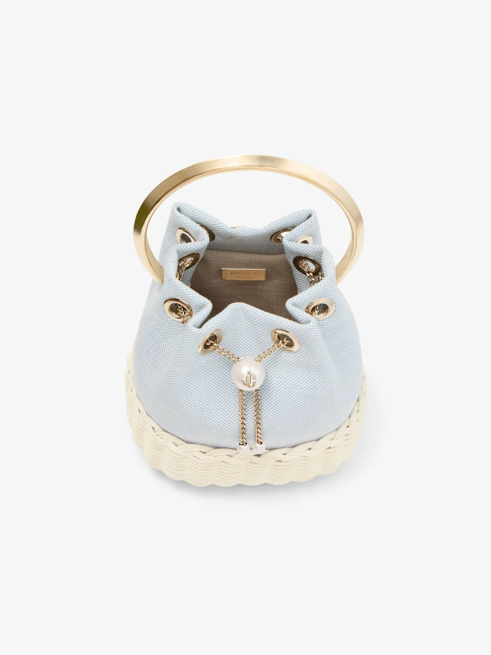 Back view of the Jimmy Choo Bon Bon Riviera Blue Mix Flecked Canvas and Wicker Bucket Bag