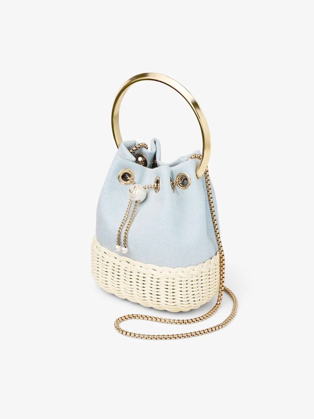 Close-up detail of the Jimmy Choo Bon Bon Riviera Blue Mix Flecked Canvas and Wicker Bucket Bag