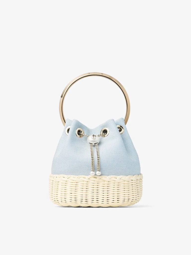 Jimmy Choo Bon Bon Riviera Blue Mix Flecked Canvas and Wicker Bucket Bag