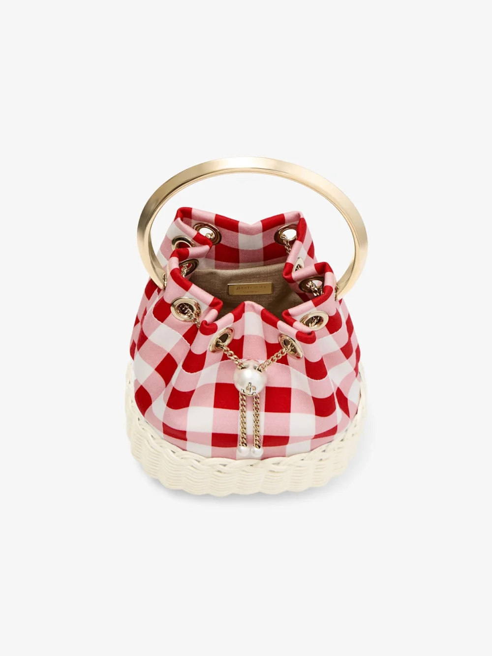 Back view of the Jimmy Choo Bon Bon Ruby Red Gingham Cotton Fabric and Wicker Bucket Bag