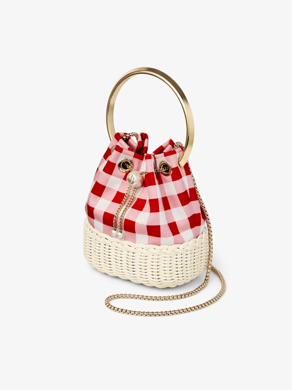 Close-up detail of the Jimmy Choo Bon Bon Ruby Red Gingham Cotton Fabric and Wicker Bucket Bag