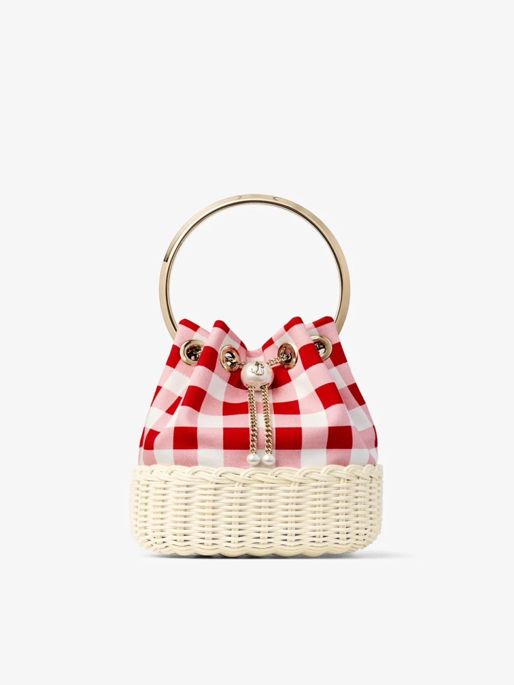 Jimmy Choo Bon Bon Ruby Red Gingham Cotton Fabric and Wicker Bucket Bag in ruby red mix