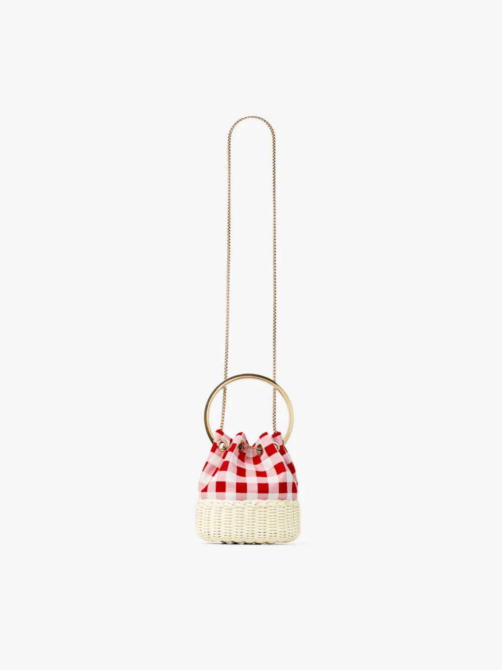 Jimmy Choo Bon Bon Ruby Red Gingham Cotton Fabric and Wicker Bucket Bag, another view