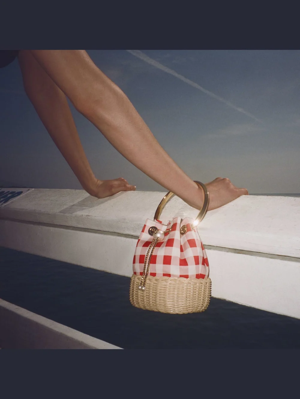 Jimmy Choo Bon Bon Ruby Red Gingham Cotton Fabric and Wicker Bucket Bag, another view