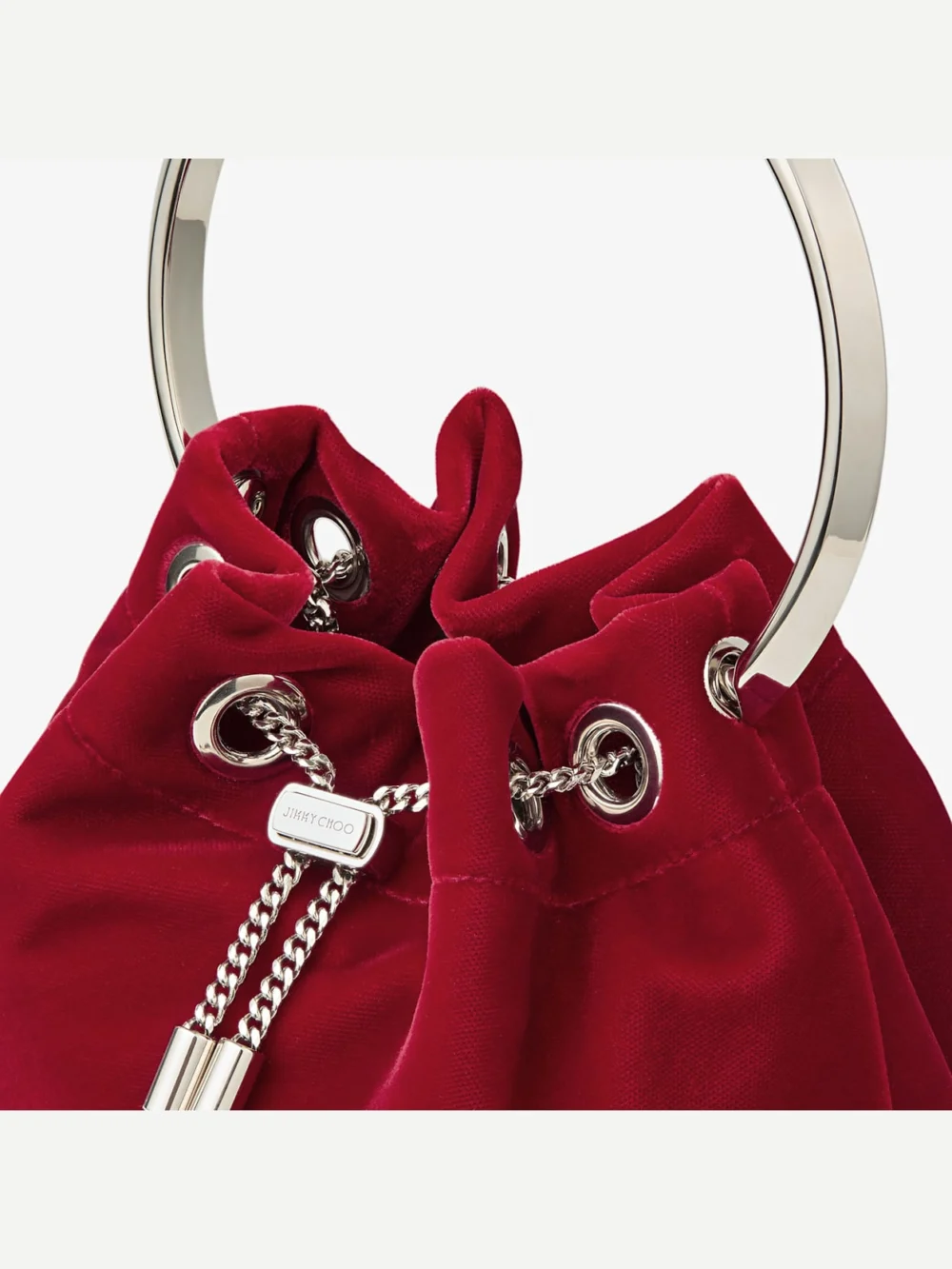 Back view of the Jimmy Choo Bon Bon Ruby Red Velvet Bag