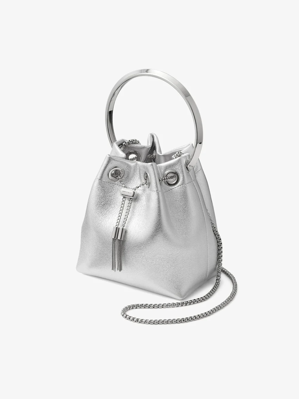 Back view of the Jimmy Choo Bon Bon Silver Metallic Nappa Bag with Metal Handle