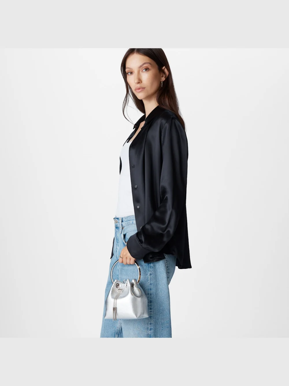 Side view of the Jimmy Choo Bon Bon Silver Metallic Nappa Bag with Metal Handle