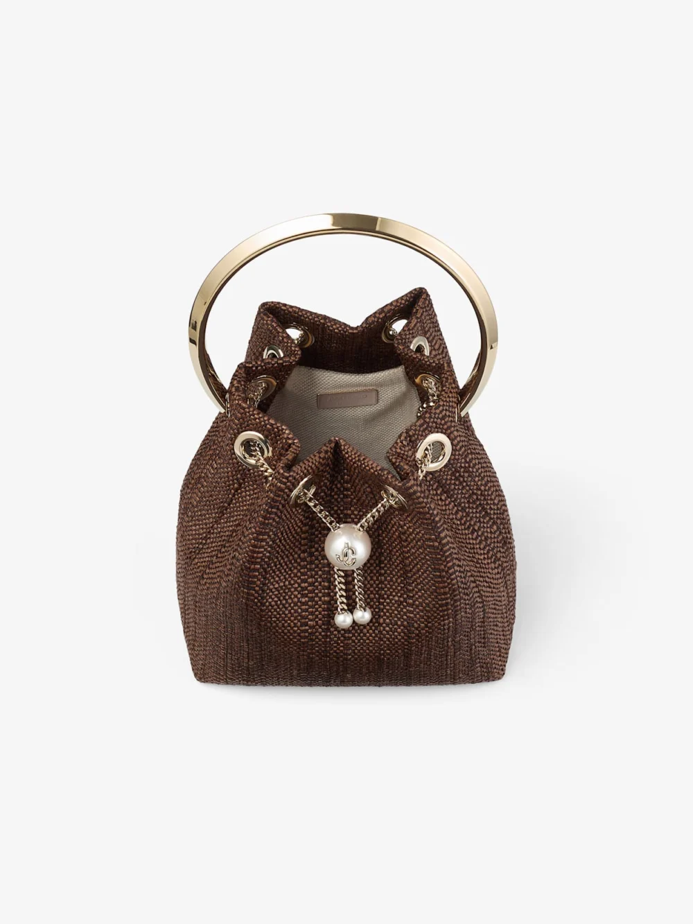 Back view of the Jimmy Choo Bon Bon Tan Raffia Bucket Bag