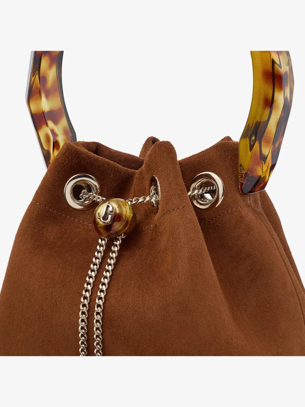 Back view of the Jimmy Choo Bon Bon Tan Suede Bucket Bag with Bead Closure and Tortoiseshell Handle