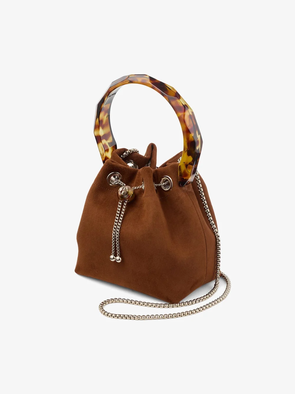 Close-up detail of the Jimmy Choo Bon Bon Tan Suede Bucket Bag with Bead Closure and Tortoiseshell Handle