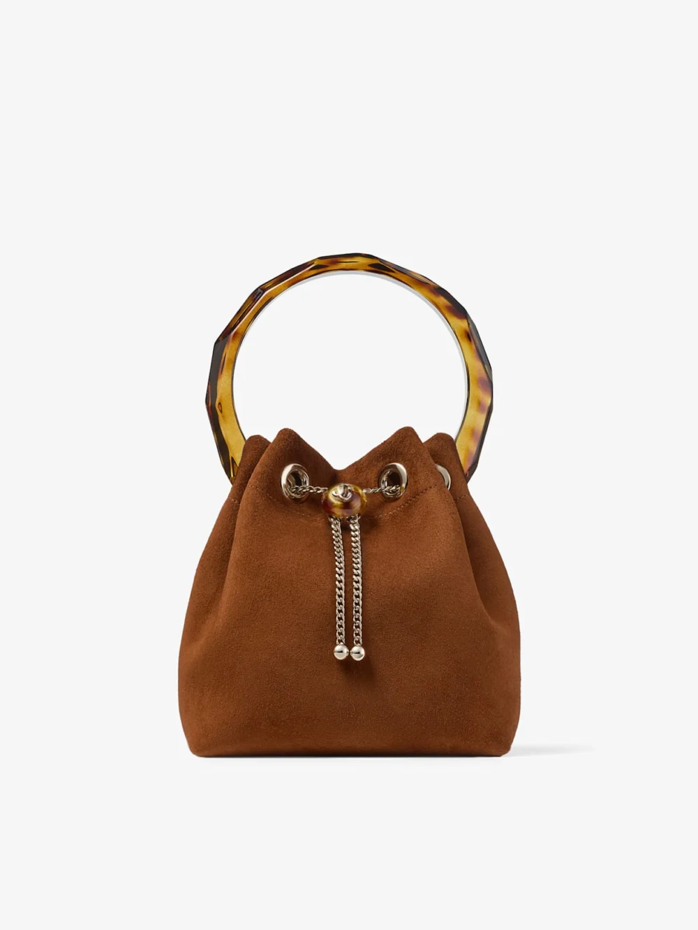 Jimmy Choo Bon Bon Tan Suede Bucket Bag with Bead Closure and Tortoiseshell Handle in tan