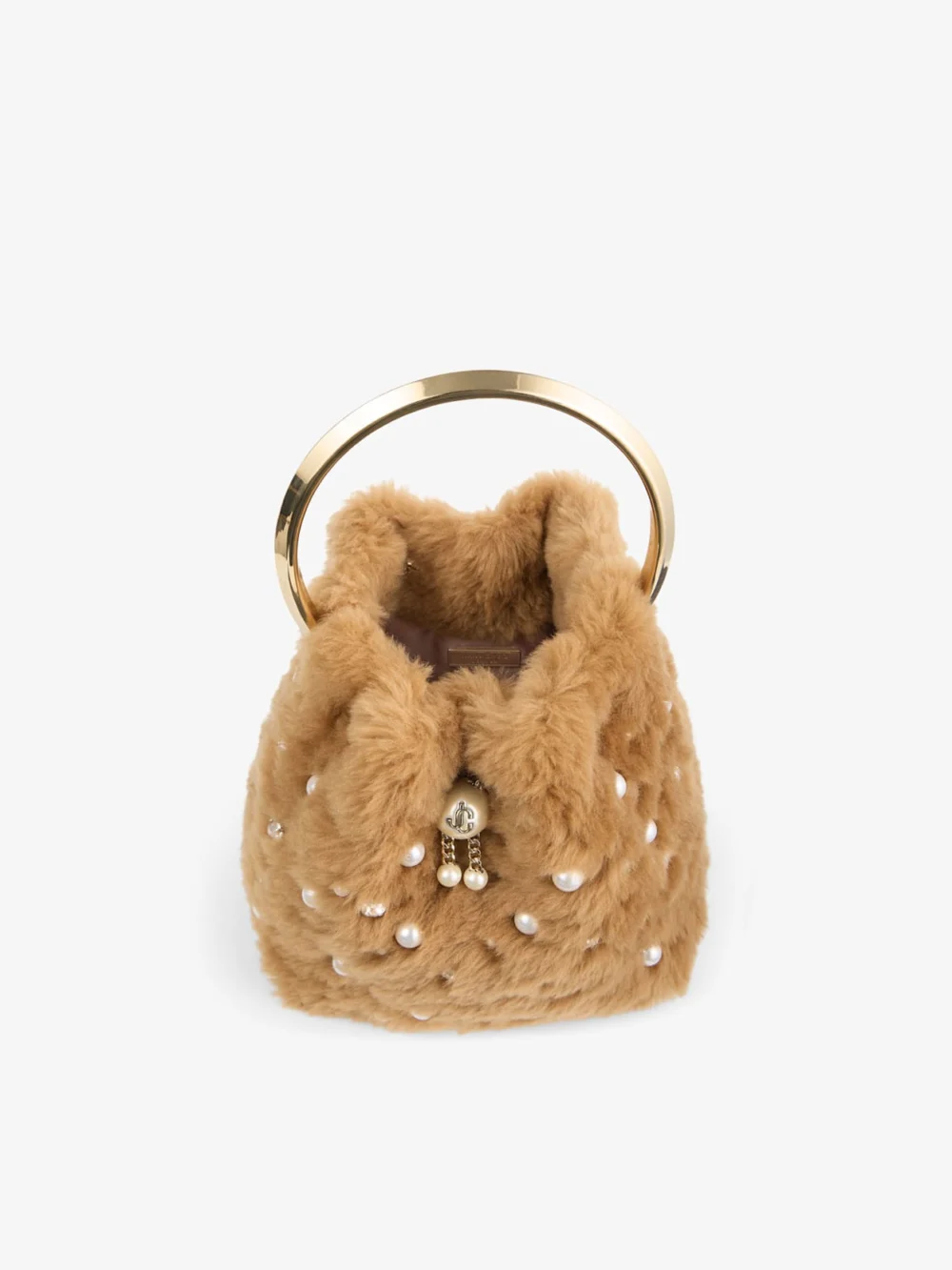 Back view of the Jimmy Choo Bon Bon Toffee Shearling Bucket Bag with Embroidered Pearls and Crystals
