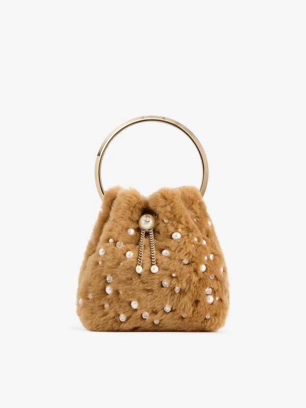 Jimmy Choo Bon Bon Toffee Shearling Bucket Bag with Embroidered Pearls and Crystals