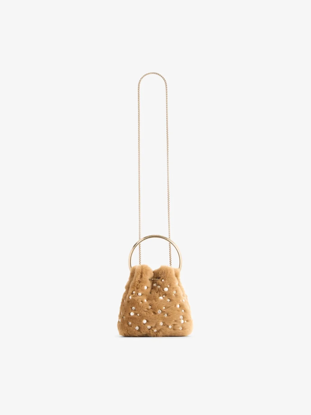 Jimmy Choo Bon Bon Toffee Shearling Bucket Bag with Embroidered Pearls and Crystals, another view
