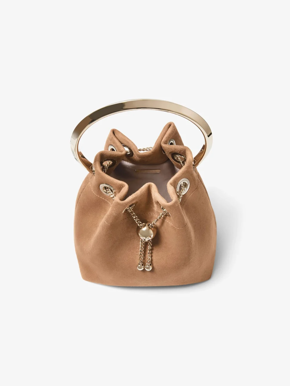 Back view of the Jimmy Choo Bon Bon Toffee Suede Bag with Metal Sphere Closure