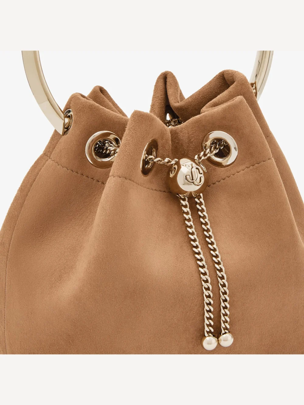 Close-up detail of the Jimmy Choo Bon Bon Toffee Suede Bag with Metal Sphere Closure