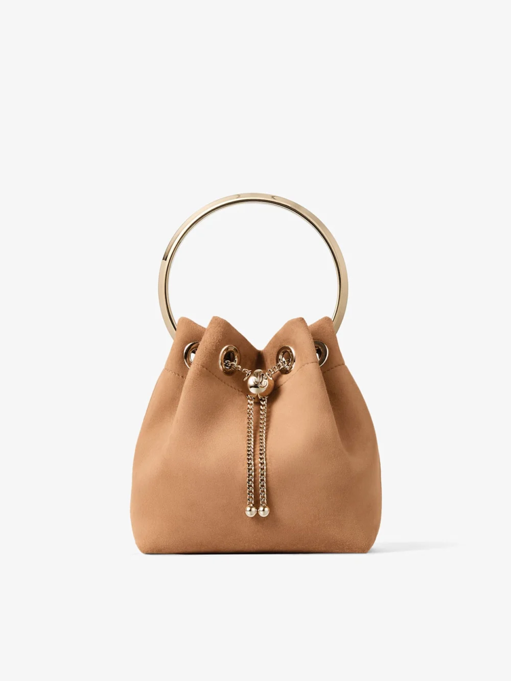 Jimmy Choo Bon Bon Toffee Suede Bag with Metal Sphere Closure in toffee