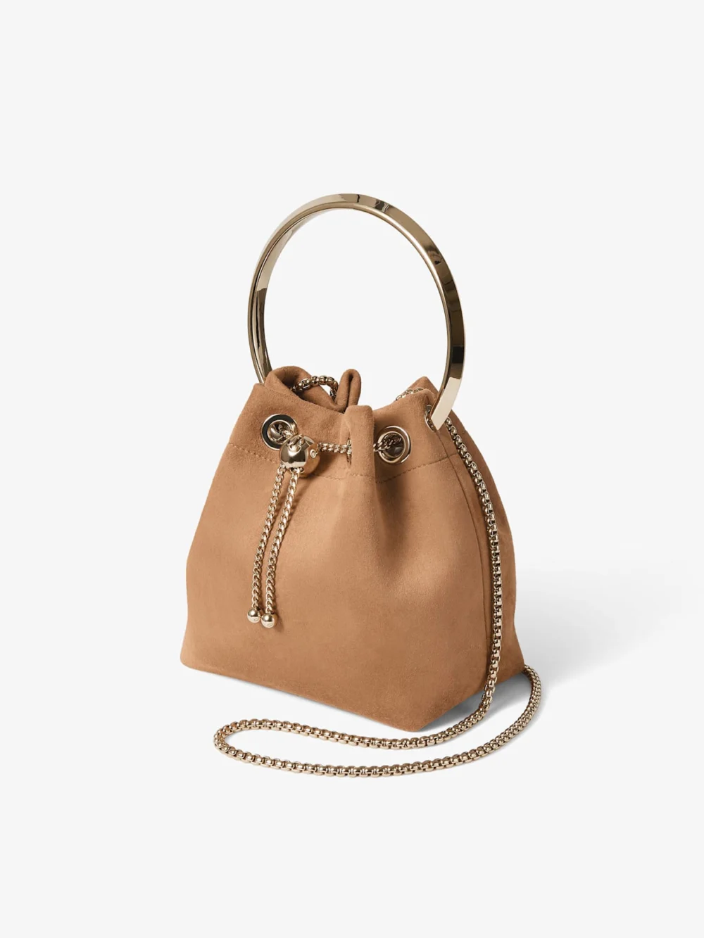 Side view of the Jimmy Choo Bon Bon Toffee Suede Bag with Metal Sphere Closure