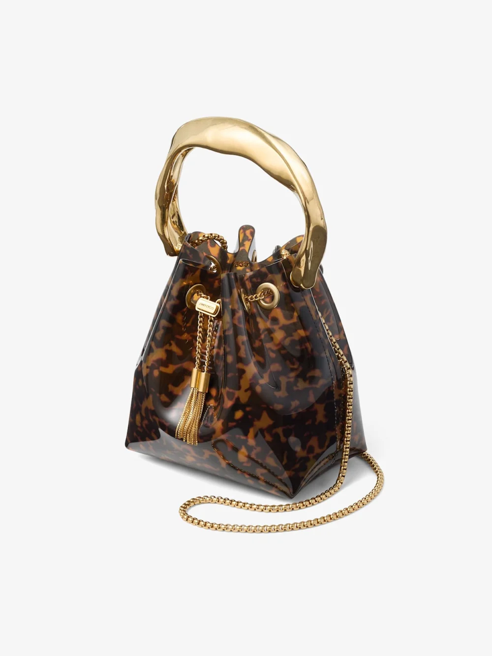 Close-up detail of the Jimmy Choo Bon Bon Transparent Tortoiseshell Bucket Bag with Sculpted Handle