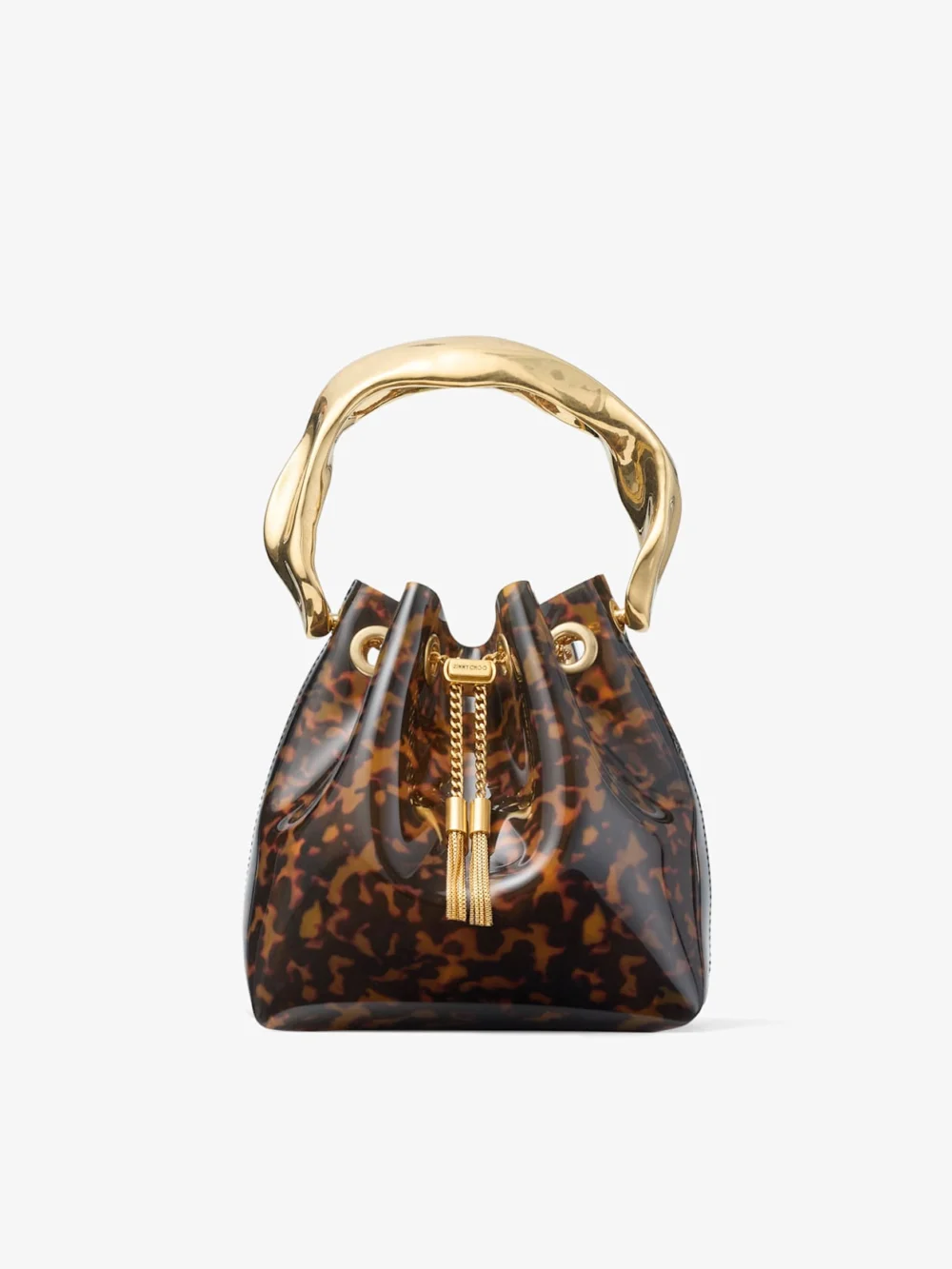 Jimmy Choo Bon Bon Transparent Tortoiseshell Bucket Bag with Sculpted Handle in tortoiseshell