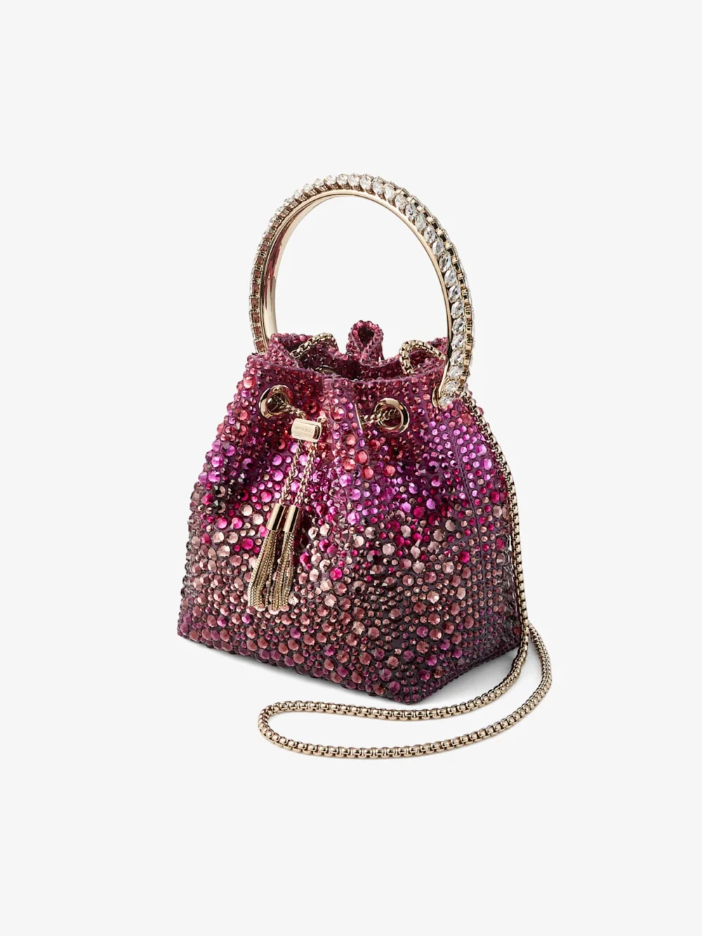 Close-up detail of the Jimmy Choo Bon Bon Winter Bloom and Violet Orchid Satin Bag with Crystals