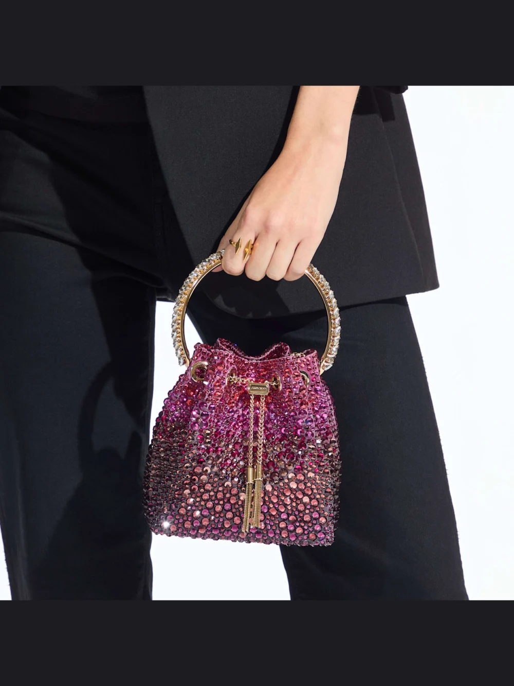 Side view of the Jimmy Choo Bon Bon Winter Bloom and Violet Orchid Satin Bag with Crystals