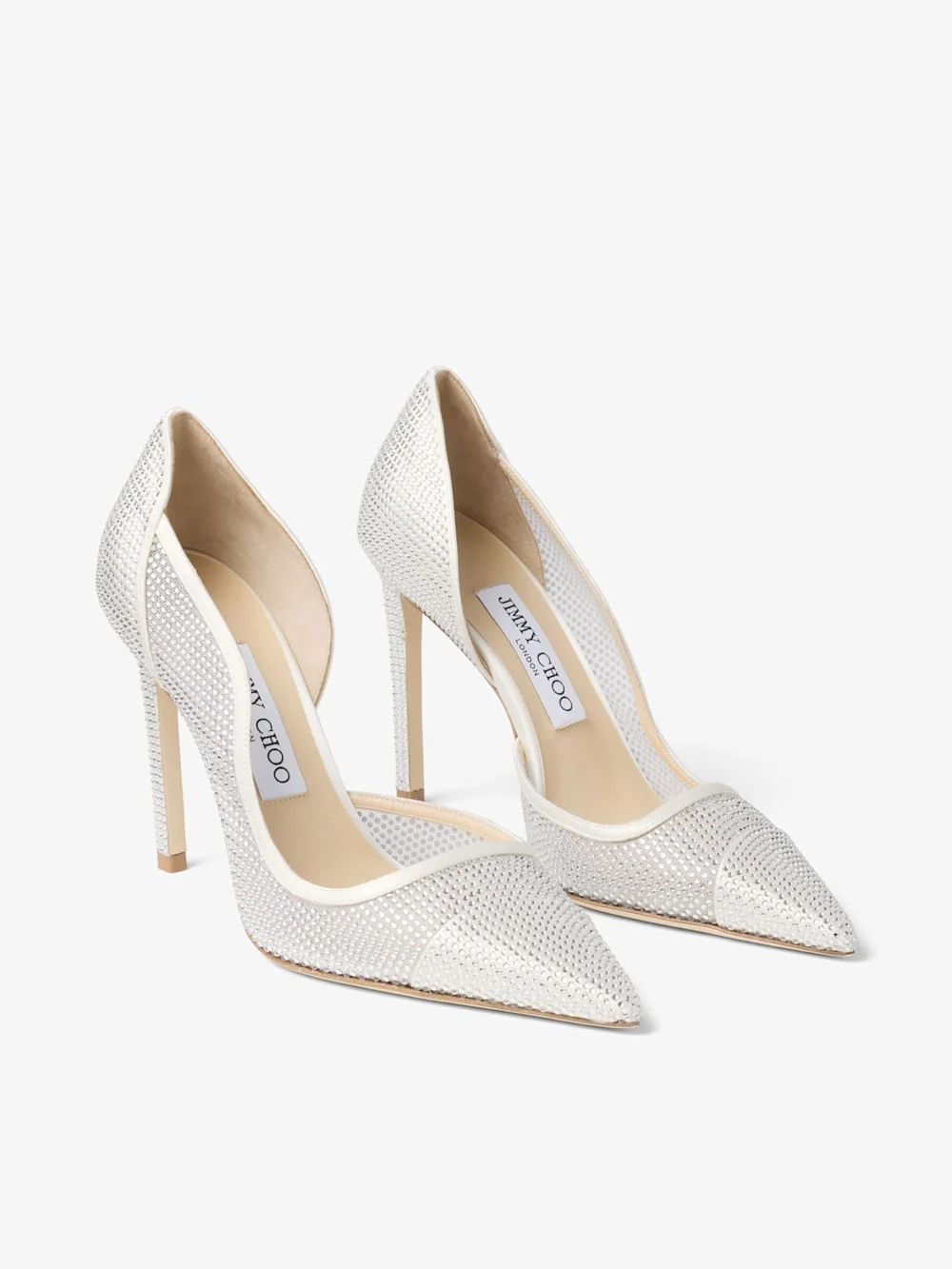Close-up detail of the Jimmy Choo Brigitte 100 Ivory Mesh Pumps with Crystal Embellishment