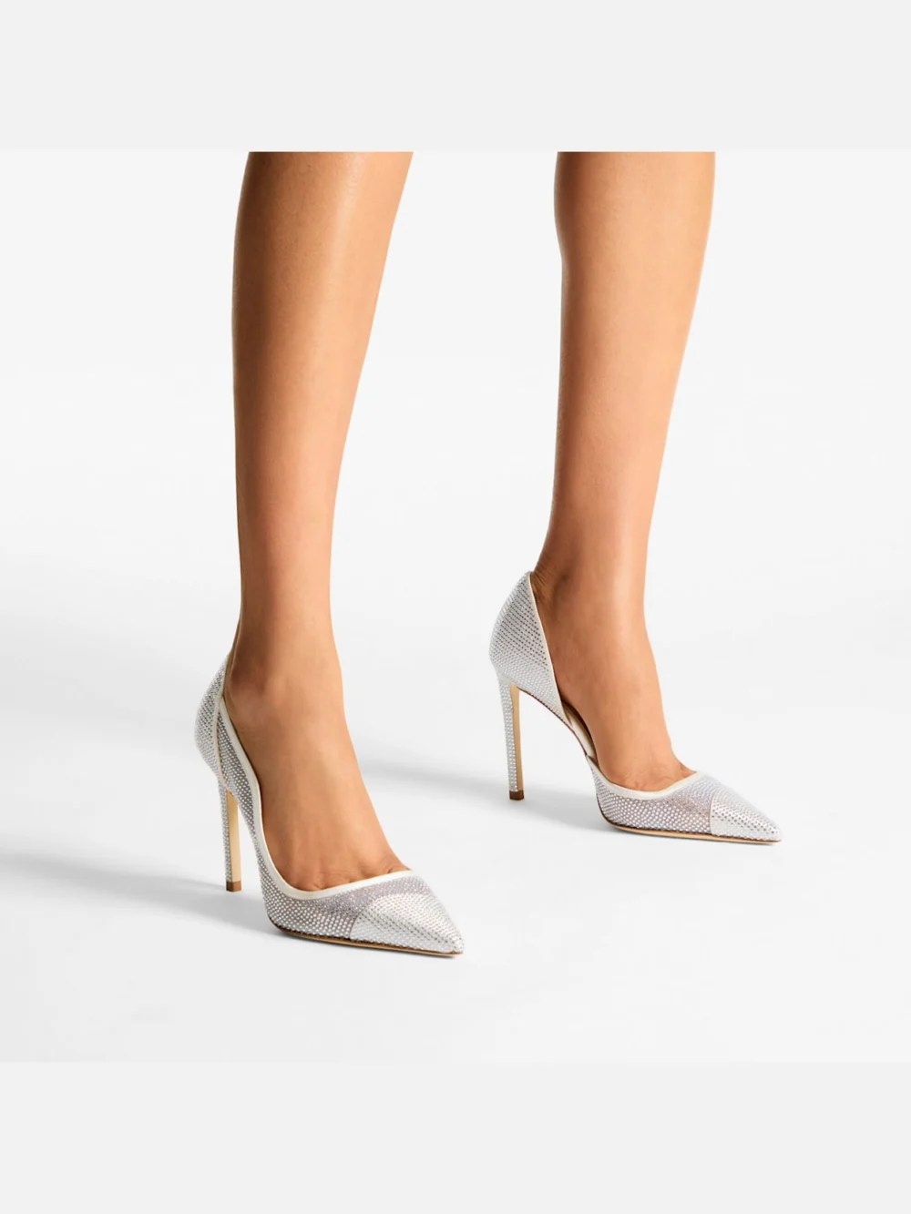 Side view of the Jimmy Choo Brigitte 100 Ivory Mesh Pumps with Crystal Embellishment