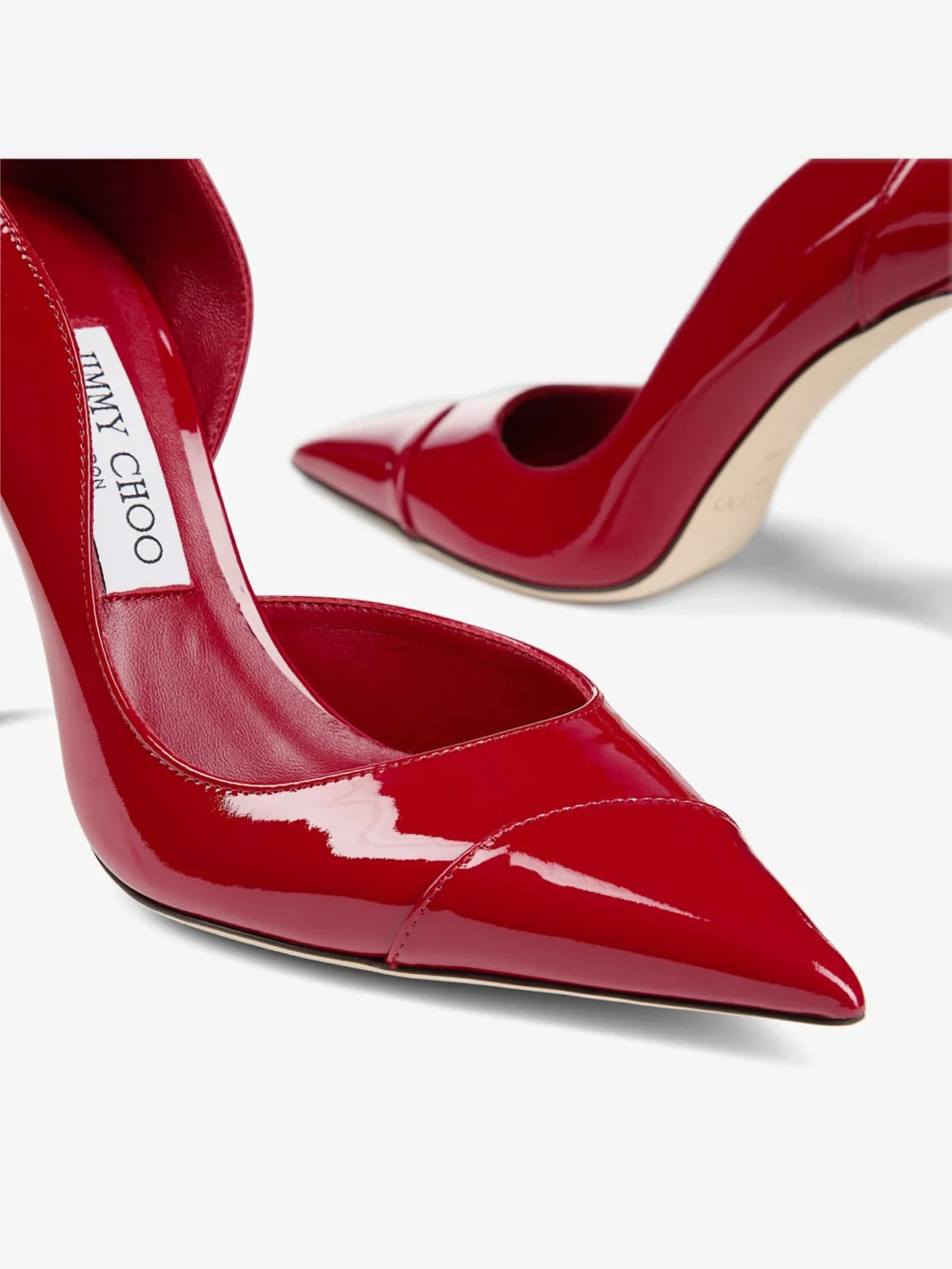 Back view of the Jimmy Choo Brigitte 100 Ruby Red Patent Leather Pumps
