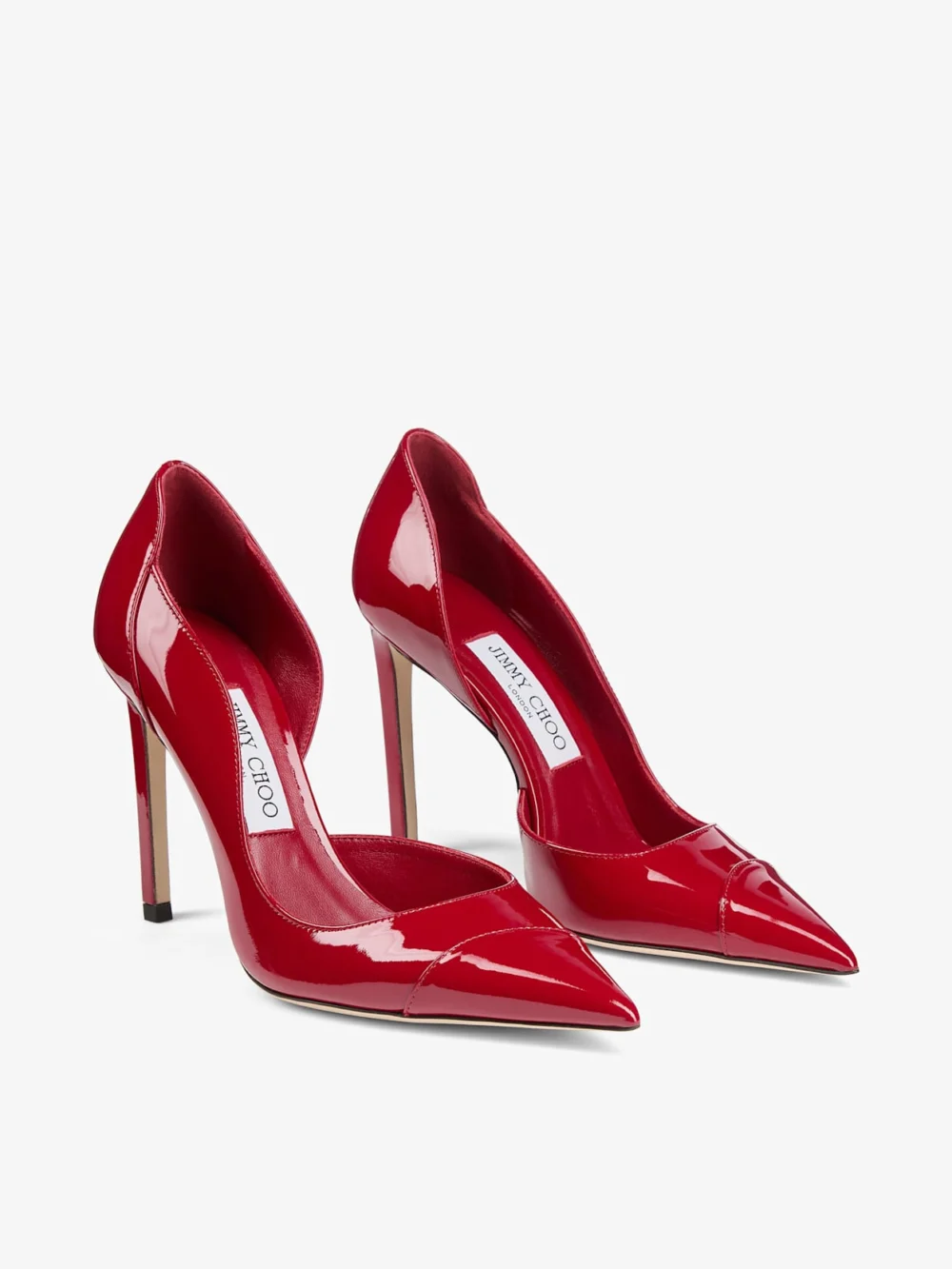 Close-up detail of the Jimmy Choo Brigitte 100 Ruby Red Patent Leather Pumps