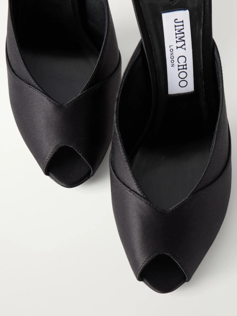 Close-up detail of the Jimmy Choo Brigitte 100 Satin Mules