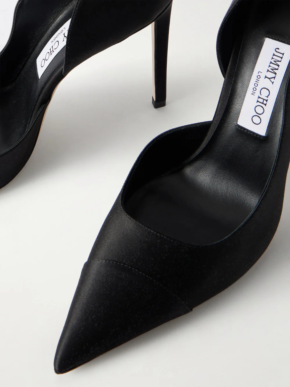 Close-up detail of the Jimmy Choo Brigitte 100 Satin Pumps