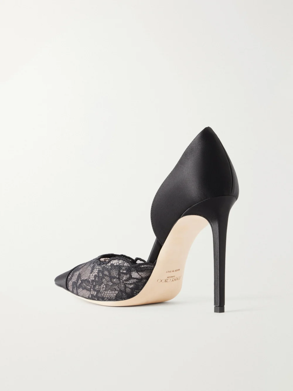 Back view of the Jimmy Choo Brigitte 100 Satin-trimmed Lace Pumps