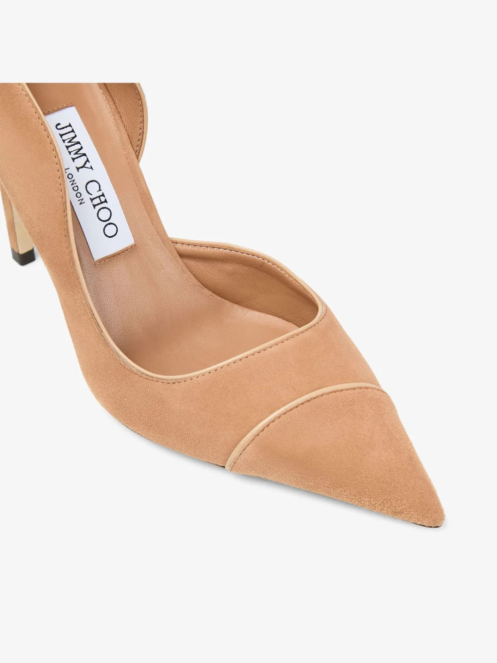Back view of the Jimmy Choo Brigitte 100 Toffee and Chai Suede and Nappa Leather Pumps