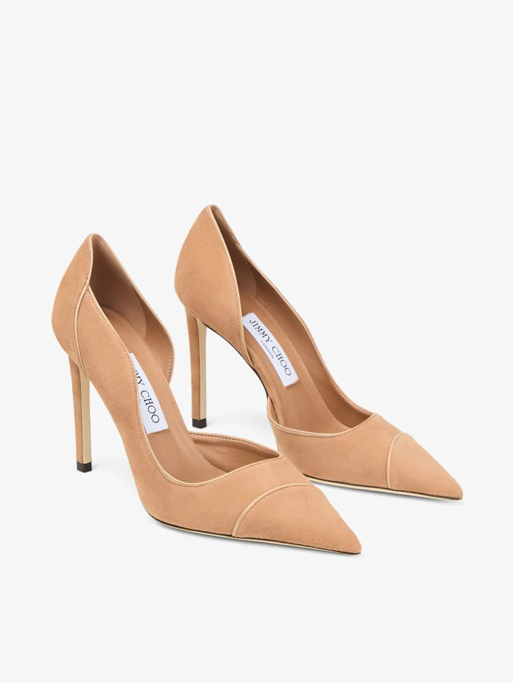 Close-up detail of the Jimmy Choo Brigitte 100 Toffee and Chai Suede and Nappa Leather Pumps