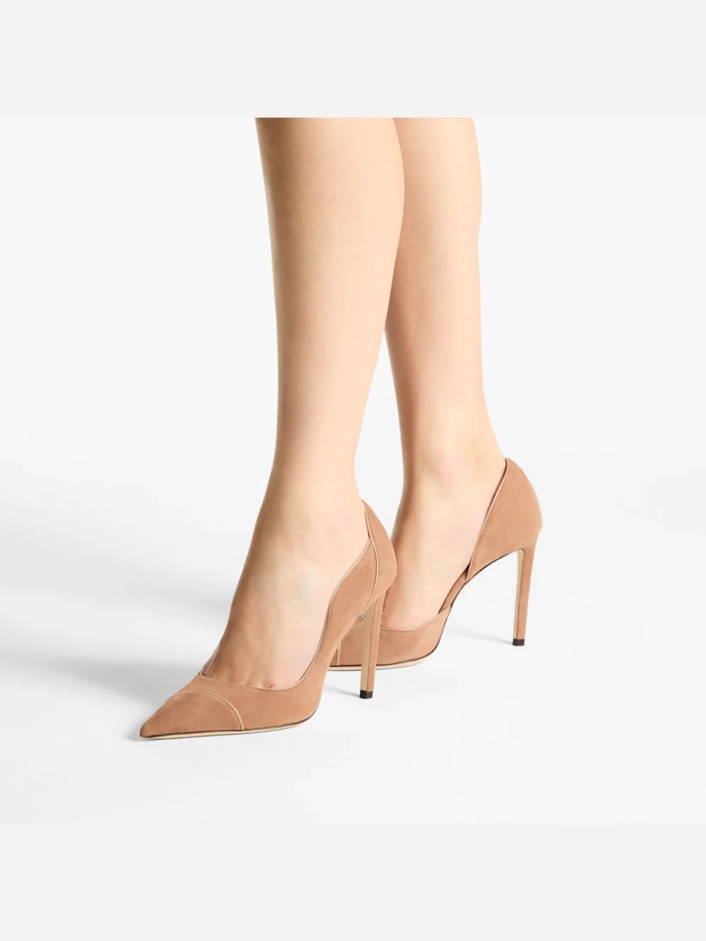 Side view of the Jimmy Choo Brigitte 100 Toffee and Chai Suede and Nappa Leather Pumps