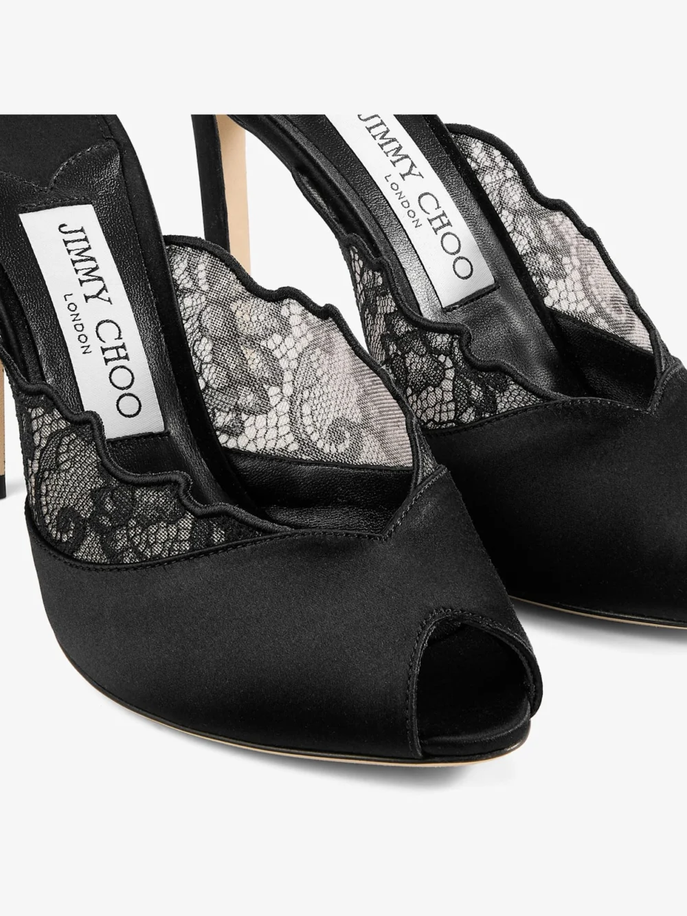 Back view of the Jimmy Choo Brigitte Mule 100 Black Jimmy Choo Lace and Satin Mules